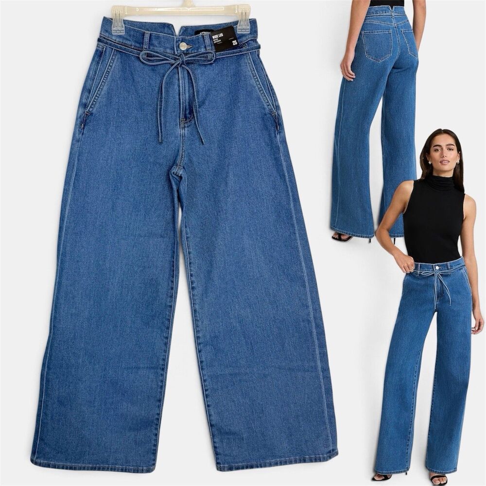 Express High Waist Drawstring Wide Leg Medium Wash Jeans Size 2 Short 28" L NWT